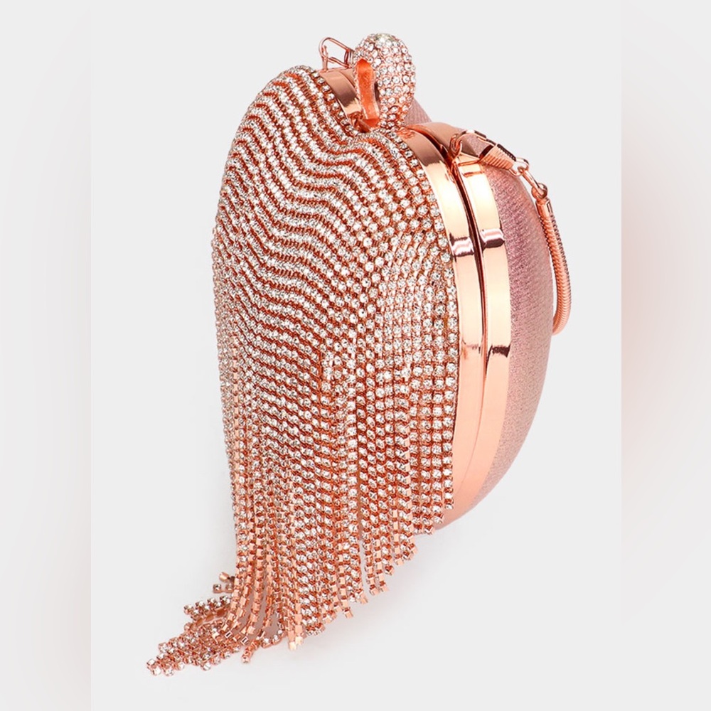 Rose Pink Gold Metallic Fringe Crystal Heart Shape Evening Bag - Picture 4 of 7